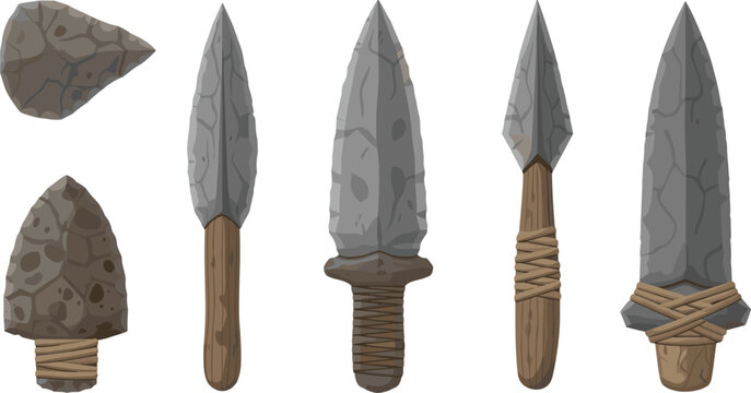 Primitive Stone Spear and Arrowheads Prehistoric Flint Weapons Set Ancient Hunting Tools Flat Vector Illustration