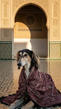 Majestic saluki wrapped in intricate fabric resting in ornate moorish architecture