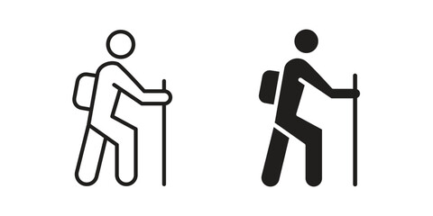 Hiking icon with editable stroke and solid design vectors