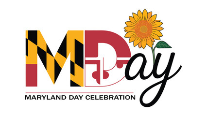 maryland day celebration typography with maryland flag themed lettering and sunflower illustration, patriotic state holiday design banner © VectAmaze