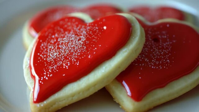 Heart-shaped cookies with red icing and sugar. Glossy finish reflects soft, warm lighting. Sugar crystals sparkle subtly on surface. Cookies sit close on a plain white plate