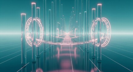 Digital Futuristic Landscape With Neon Lights and Geometric Shapes