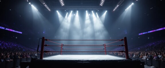 Wrestling Arena Illuminated by Dramatic Stage Lights with a Crowded Audience Ready for Action