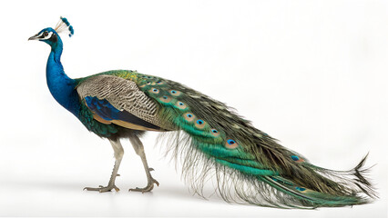 Fototapeta premium Majestic Peacock with Vibrant Tail Feathers on White Background