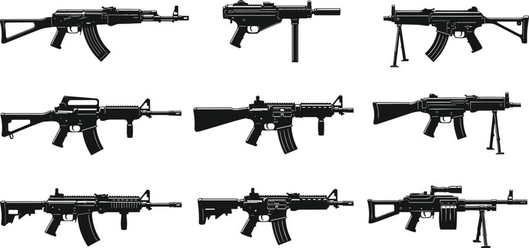 Vector silhouette collection of modern assault rifles featuring tactical machine guns with scopes bipods and magazines for military games defense industry and security icons