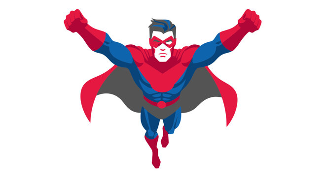 Dynamic Superhero Flying Forward with Cape Billowing Fists Raised in a Dramatic Comic Book Style
