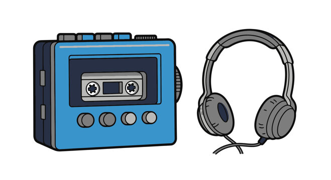 Vintage Blue Cassette Player with Headphones Retro Portable Audio Device for Music Listening Simple Graphic Style