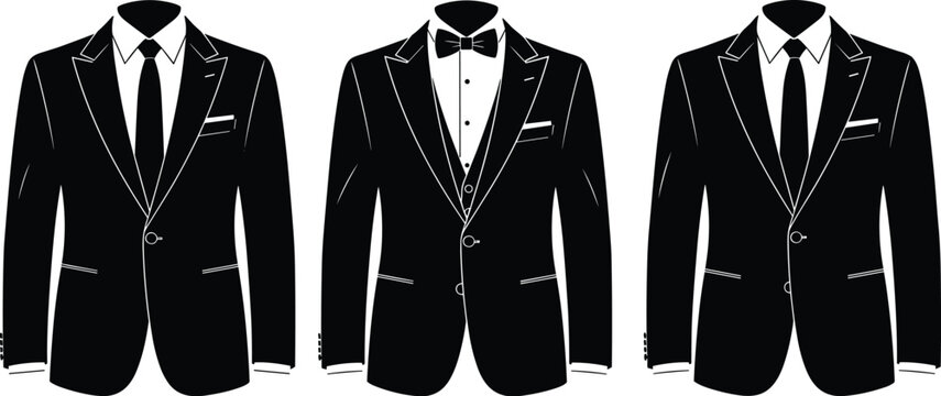 Vector silhouette set of men formal suits featuring classic black blazers with neckties and tuxedo with bow tie for wedding business and elegant events