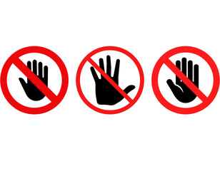 Obraz premium Three red circular 'do not' signs with black hand symbols crossed out, indicating prohibition or stop.