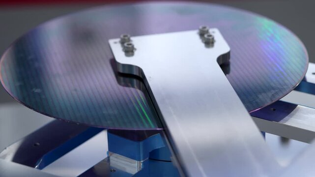 Silicon Wafers and Microcircuits integrated circuits to manufacture CPU and GPU with Automation system control application on automatic robot arm
