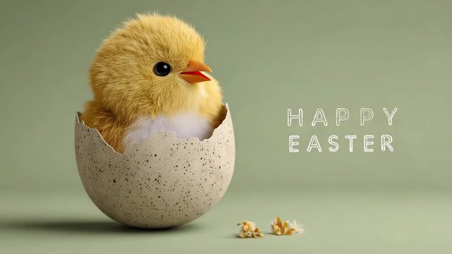 A cute yellow chick hatches from an egg on a green background with Happy Easter text in a video celebrating springtime