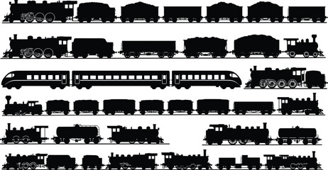 train silhouettes collection, steam locomotive trains set, railway transport vector, cargo freight wagons, vintage railway engines, passenger train cars, railroad transportation illustration © MEHEDI