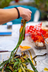 Close-up of a hand peeling a traditional Catalan calçot on the grill on newspaper during a Catalan calçotada.