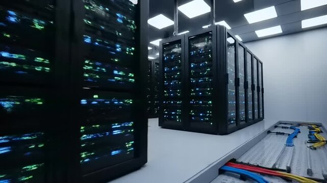 Modern Data Center with Server Racks and Cables.