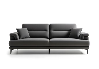 Fototapeta premium Elegant dark grey modern sofa with plush throw pillows on a clean white background