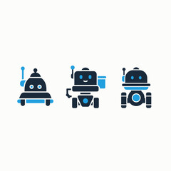 Fototapeta premium Friendly service robot character icons for automation, delivery, and smart future technology concepts in blue and black