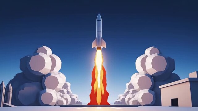 Rocket Launching into Space with Fiery Exhaust.