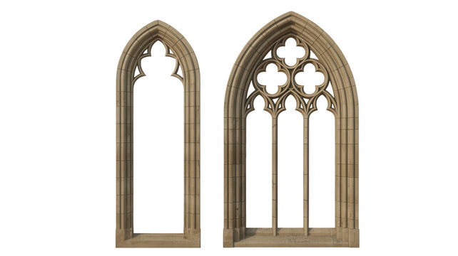 Gothic stone window frames with intricate details and arched tops