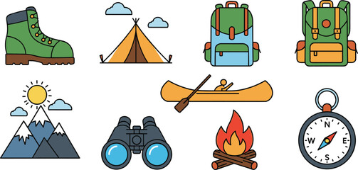 Modern flat hiking and camping vector icon set with tent backpack and campfire for travel app U © Najmul