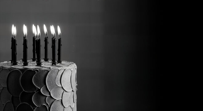 Moody grey cake with lit black candles and textured frosting on a dark background for adult birthday celebration and dramatic luxury event invitation cards