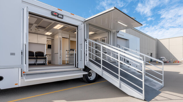 Mobile unit ramp access interior visible, accessible vehicle design, mobile service facility, portable healthcare visualization, with copy space