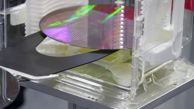 Silicon Wafers and Microcircuits integrated circuits to manufacture CPU and GPU with Automation system control application on automatic robot arm
