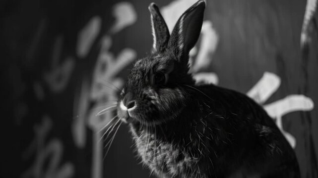 Black rabbit gazes softly against textured backdrop. Fur details and whiskers sharply defined in monochrome. Soft light casts gentle shadows on its calm face. Eyes meet viewer with quiet