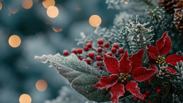 Frost clings to red poinsettia petals. Branched berries gleam beside them. Frosted pine needles frame the scene. Warm lights blur softly behind. Winter's quiet beauty captured
