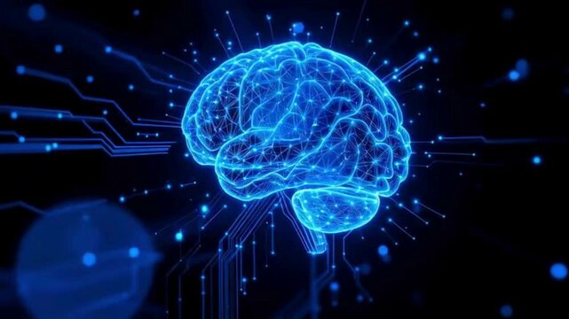 Glowing blue brain with neural connections on dark background