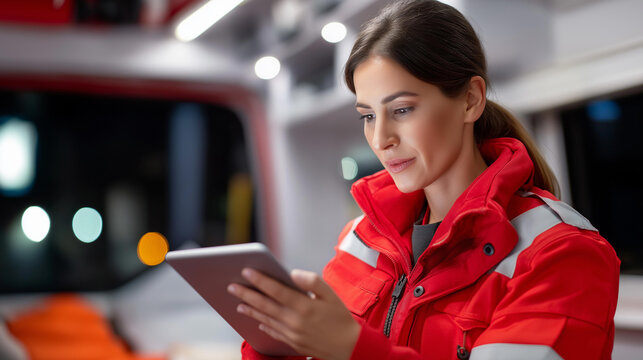 Female paramedic using digital tablet coordinating emergency medical response, inside ambulance vehicle equipped, lights sirens urgent critical situation, mobile healthcare