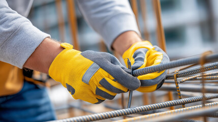 Faceless construction worker's hands tying rebar, close-up gloved hands securing, metal rods building infrastructure, precision care construction detail, with copy space