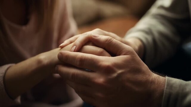 Hands hold each other in a quiet moment of connection during a shared experience in a comfortable setting at home