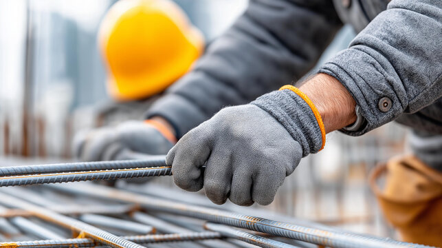 Faceless construction worker's hands tying rebar, close-up gloved hands securing, metal rods building infrastructure, precision care construction detail, with copy space