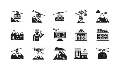 Set of black mining industry icons featuring cable cars and machinery © MstMili