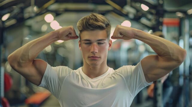 Young man flexes arms in gym. Muscles tense under white t-shirt. Focused gaze meets camera lens. Background blurred with gym equipment. Natural lighting highlights defined arms
