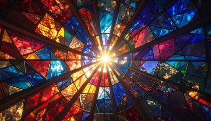 Radiant Stained Glass Sunburst Window with Colorful Geometric Mosaic and Dramatic Light Refraction