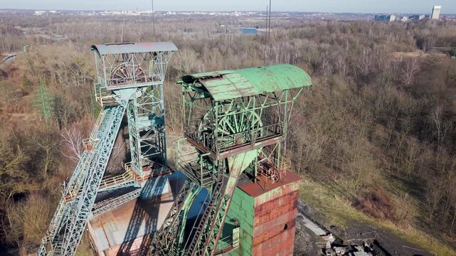 Mine headframes, aerial view of abandoned coal mining structures, Karvina, Czech Republic