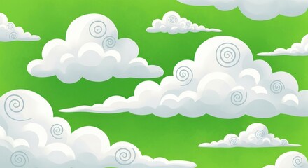Fototapeta premium Playful Cartoon Clouds Floating Across Green Sky.