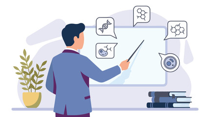 Science professor explaining biological and chemical concepts on whiteboard