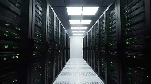 Server Room Data Center Corridor with Rows of Servers.