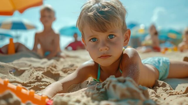 Golden sun glints on sun-kissed sand. Child lies still, gazing softly at camera. Playful sandcastle rests near orange shovel. Background buzzes with beachgoers' laughter. Clear blue sky frames warm