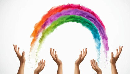 Fototapeta premium Hands releasing colorful powder in a rainbow shape against a white background, celebrating Holi festival day with vibrant colors and joyful tradition.