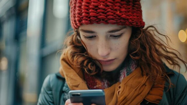 Woman wears red knit hat and brown scarf. She holds phone, eyes focused on screen. Street backdrop blurred, soft lights glow behind. Cozy winter outfit suggests cold weather