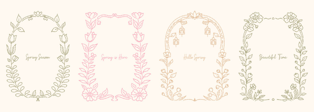 Hand drawn flowers frames with coquette lines. Vintage spring set of cute cards vector holiday borders for poster, invitation.
