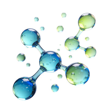 Representation of floating molecules in shades of green and blue as a representation and concept of science and chemistry, isolated with a transparent background.