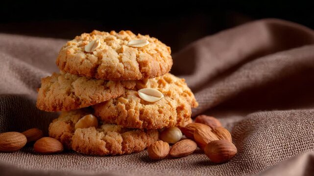29Close-up of freshly baked peanut cookies arranged in a small pile, whole peanuts on top, rustic fabric backdrop with visible weave, comforting homemade dessert scene