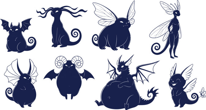 Collection of Dark Fantasy Creature Silhouettes with Wings and Horns monster