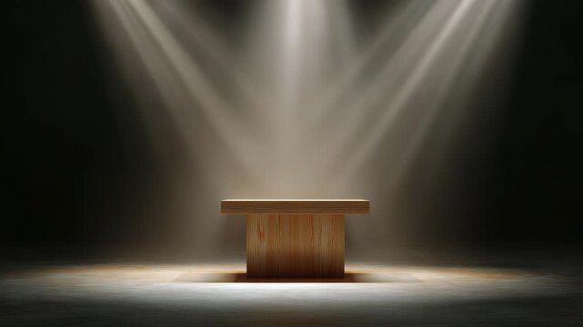 Wooden platform with bright lights shining down in an empty room during late night hours
