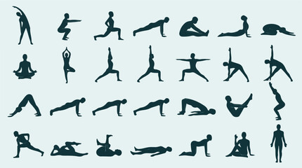 Collection of various yoga poses silhouettes for fitness and meditation