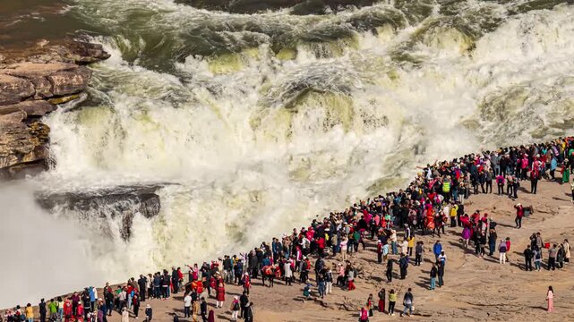 Hukou Waterfall with Massive Cascades and Tourist Crowds